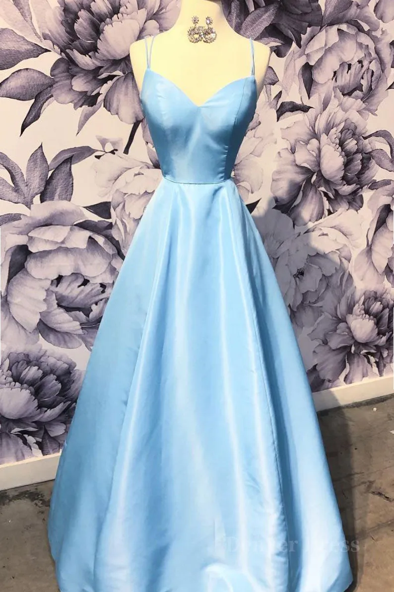 Simple sweetheart blue satin long prom dress blue evening dress