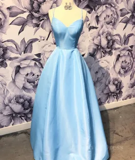 Simple sweetheart blue satin long prom dress blue evening dress