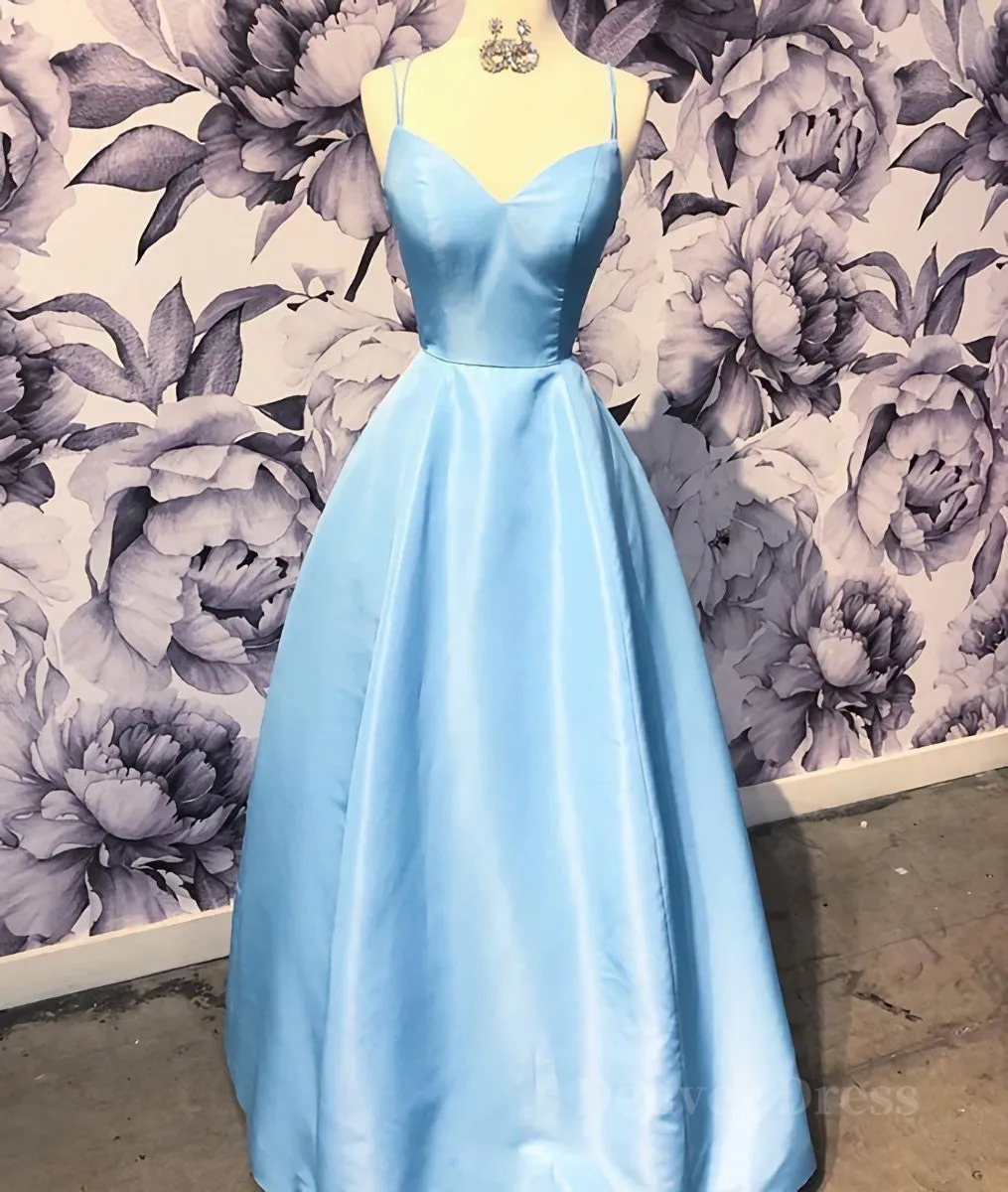Simple sweetheart blue satin long prom dress blue evening dress