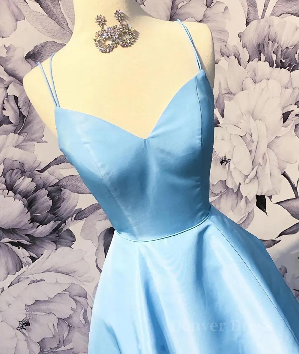 Simple sweetheart blue satin long prom dress blue evening dress
