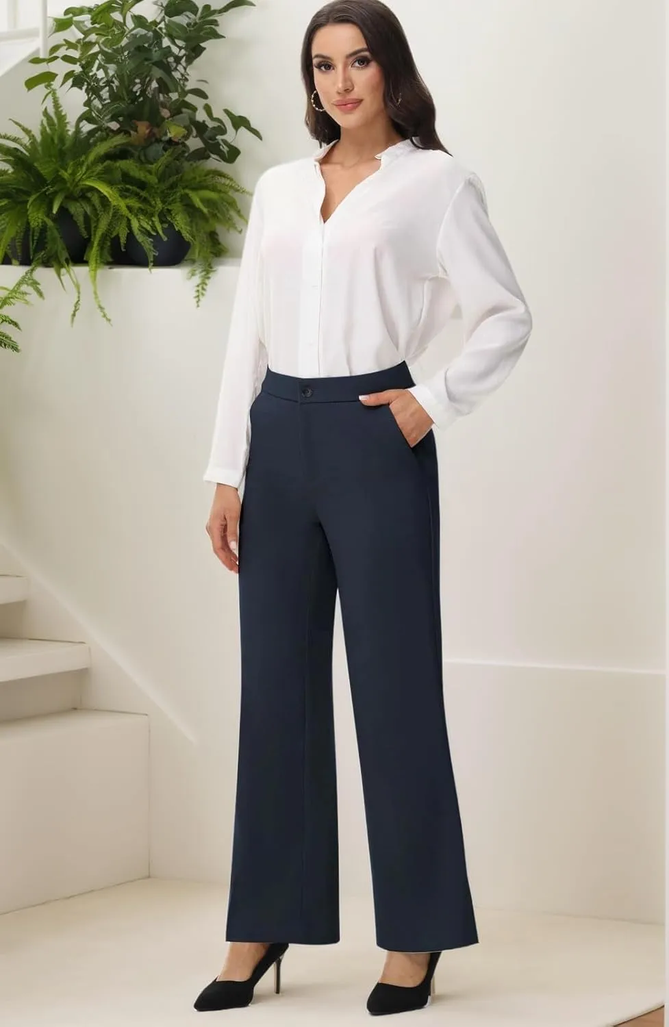 Soojun Women's Flat Front Wide Leg Pants Business Casual Trousers Office
