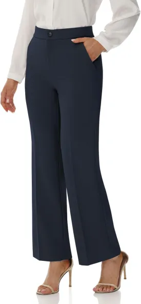 Soojun Women's Flat Front Wide Leg Pants Business Casual Trousers Office