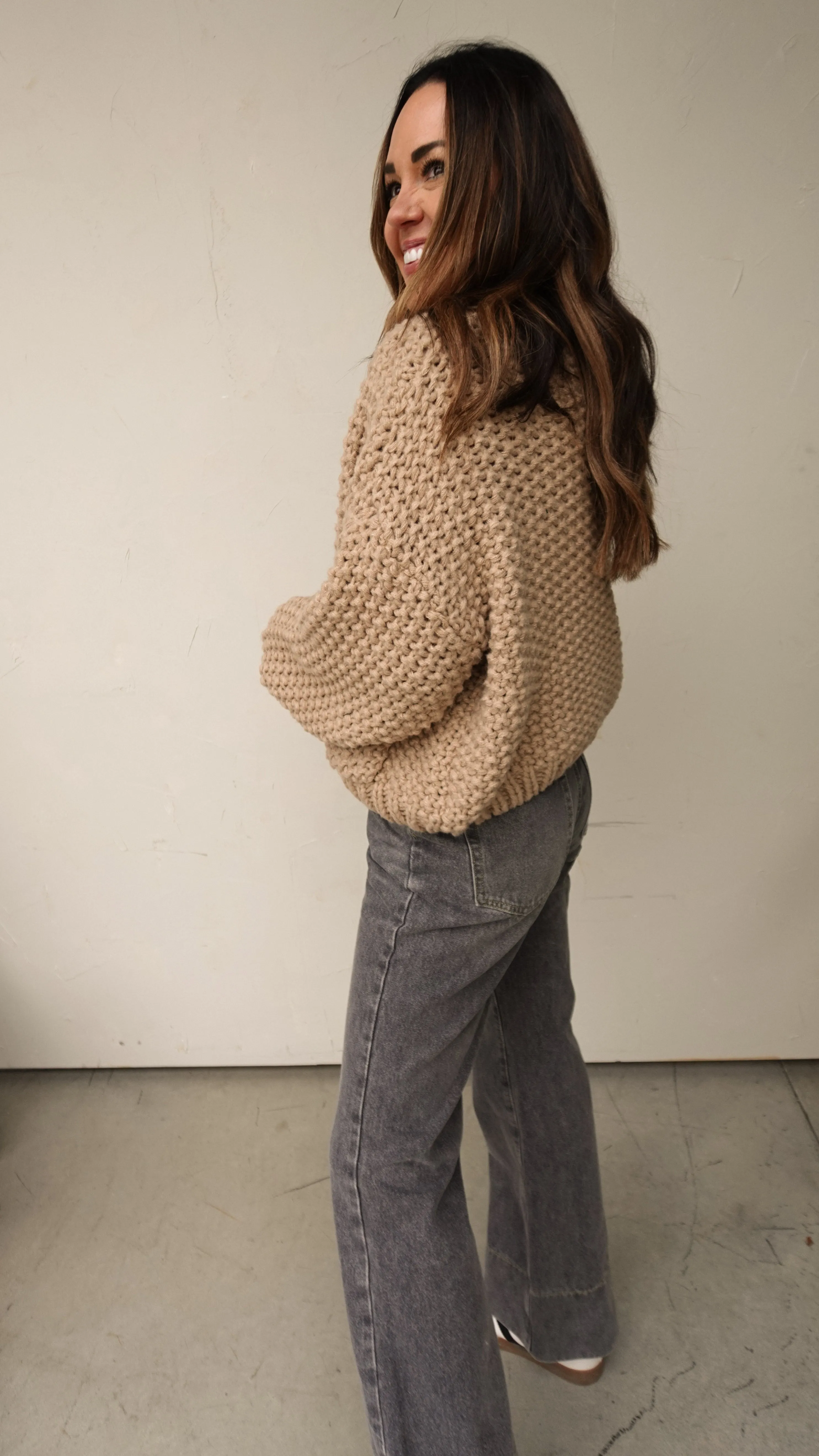 Tan Open-Front Chunky Knit Cardigan