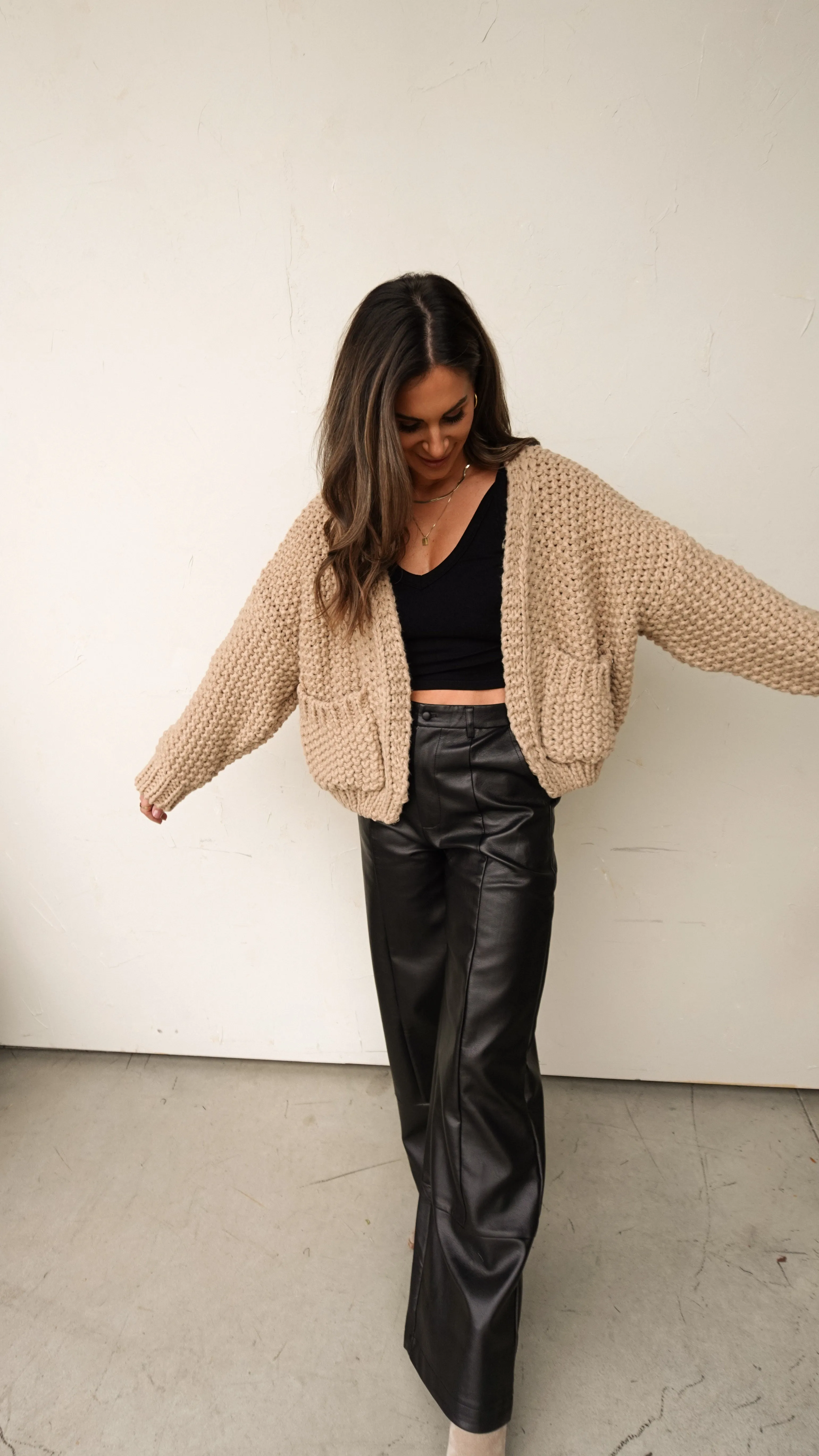 Tan Open-Front Chunky Knit Cardigan
