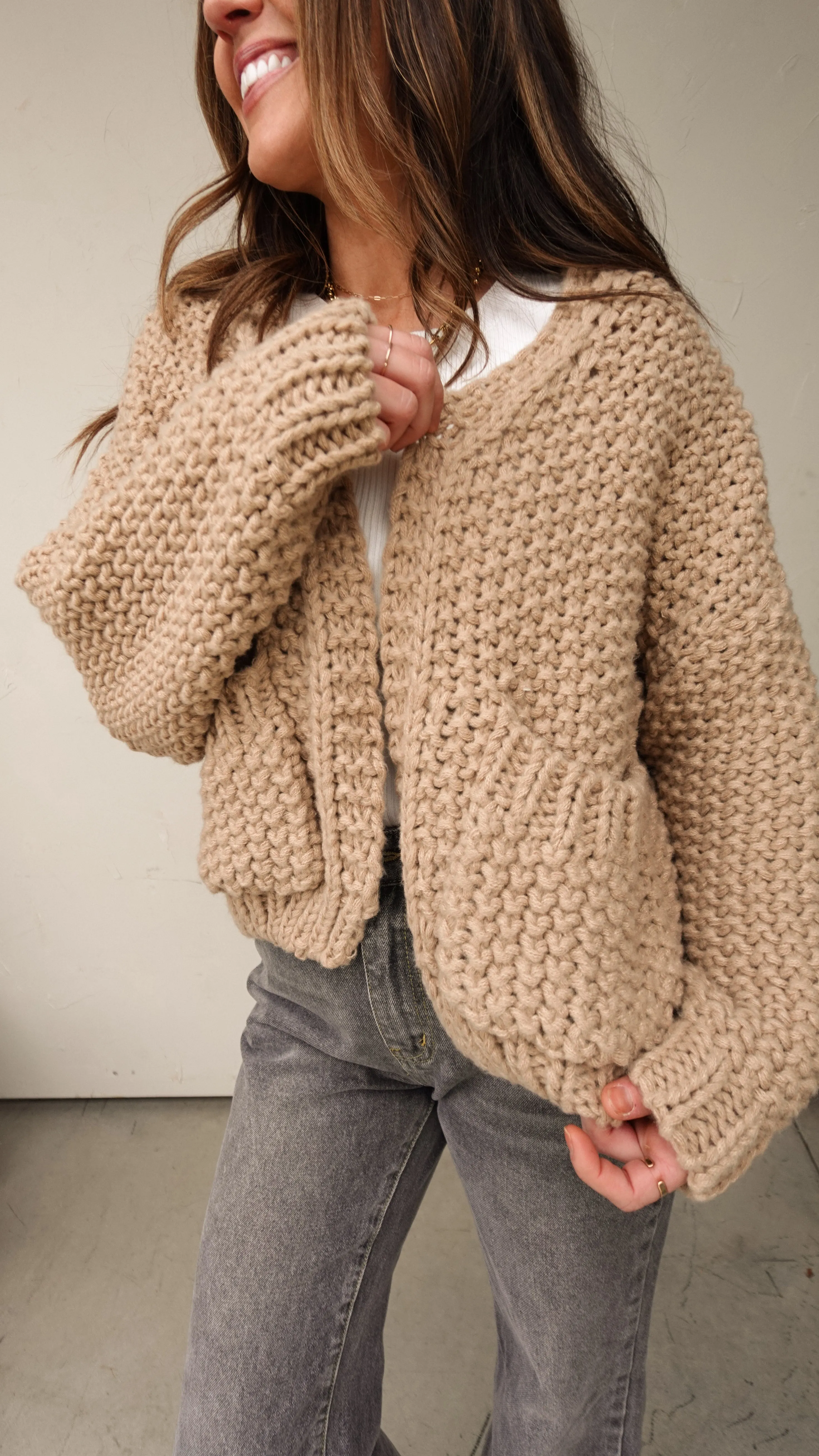 Tan Open-Front Chunky Knit Cardigan