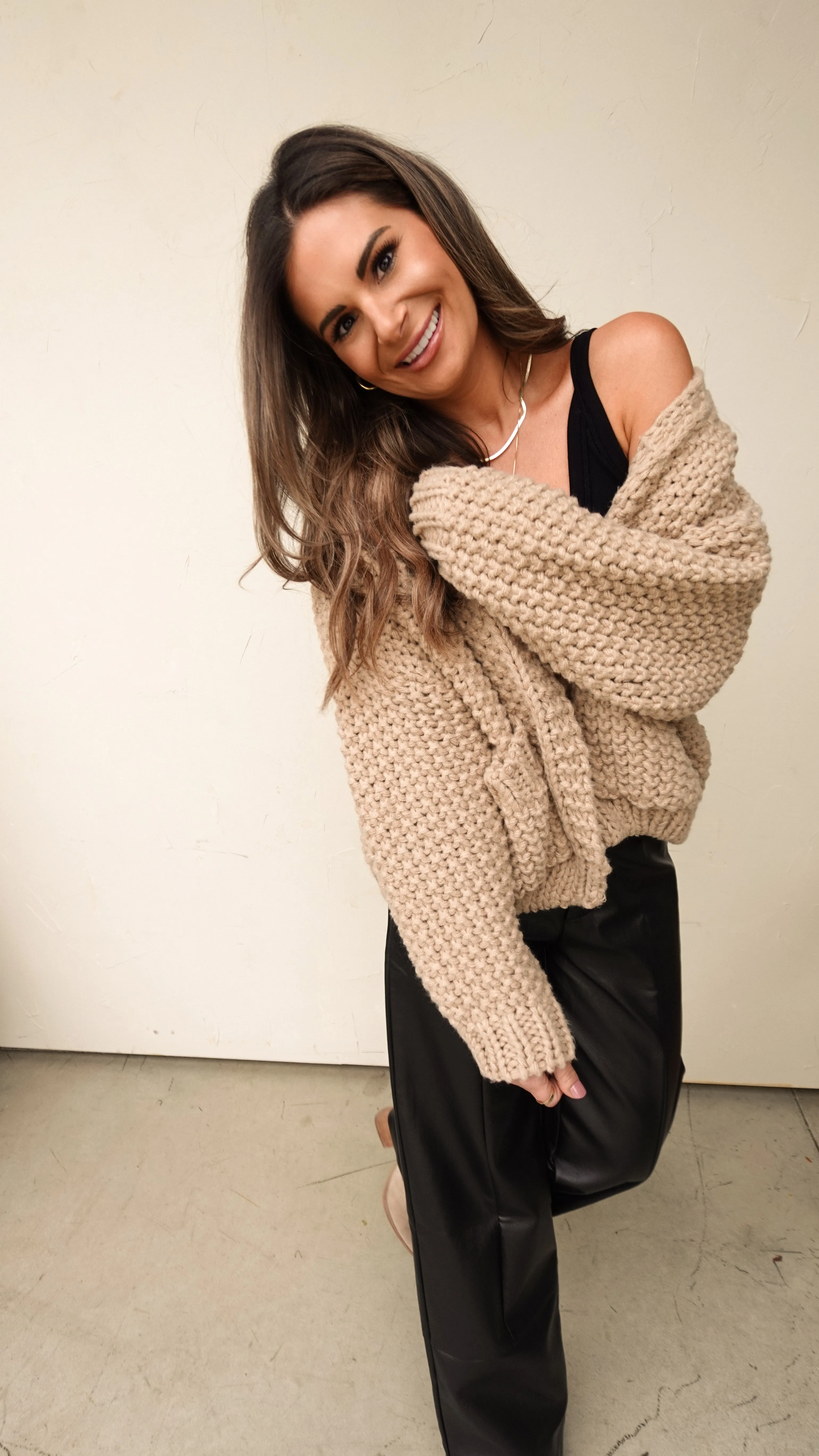 Tan Open-Front Chunky Knit Cardigan