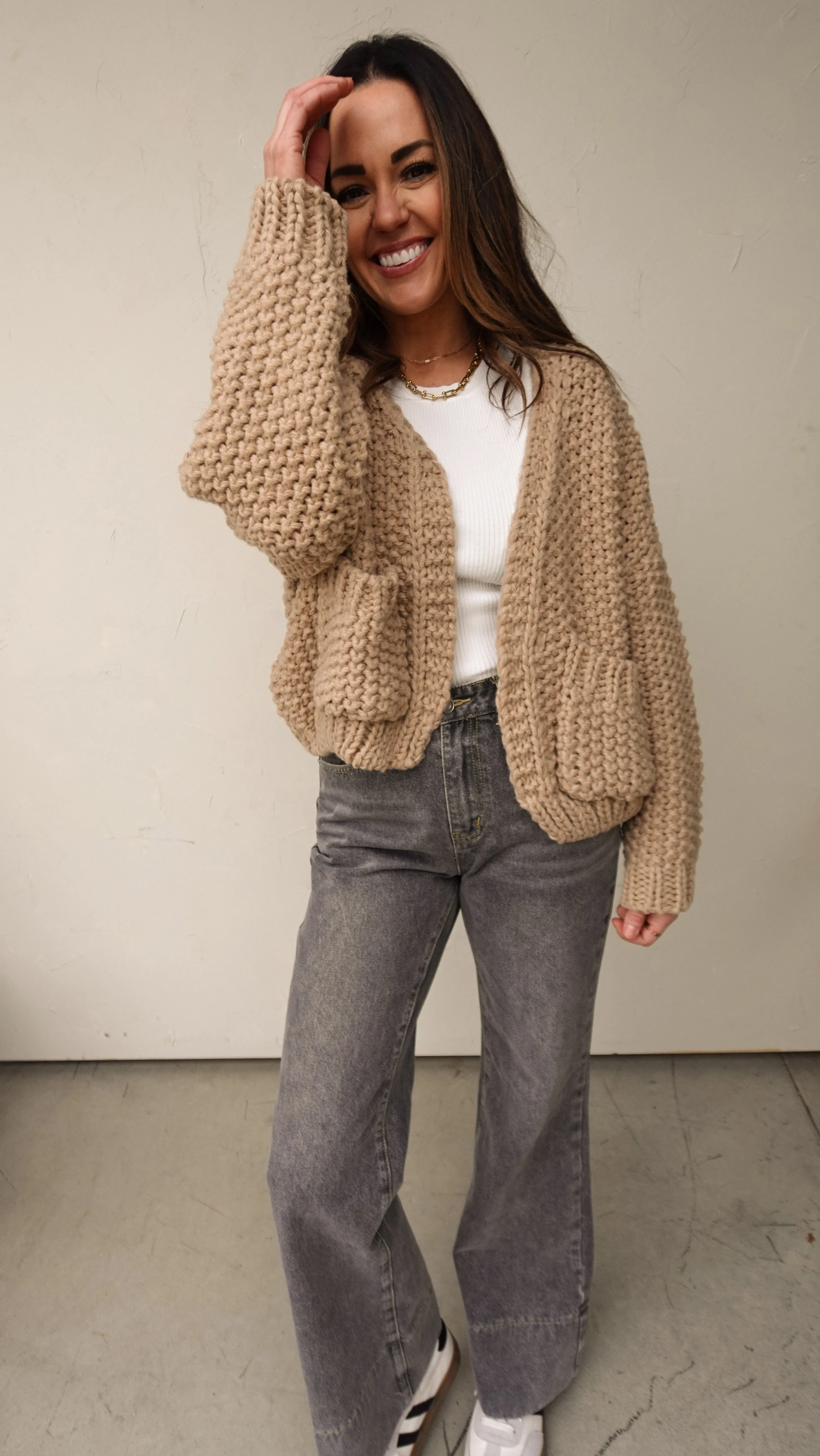 Tan Open-Front Chunky Knit Cardigan