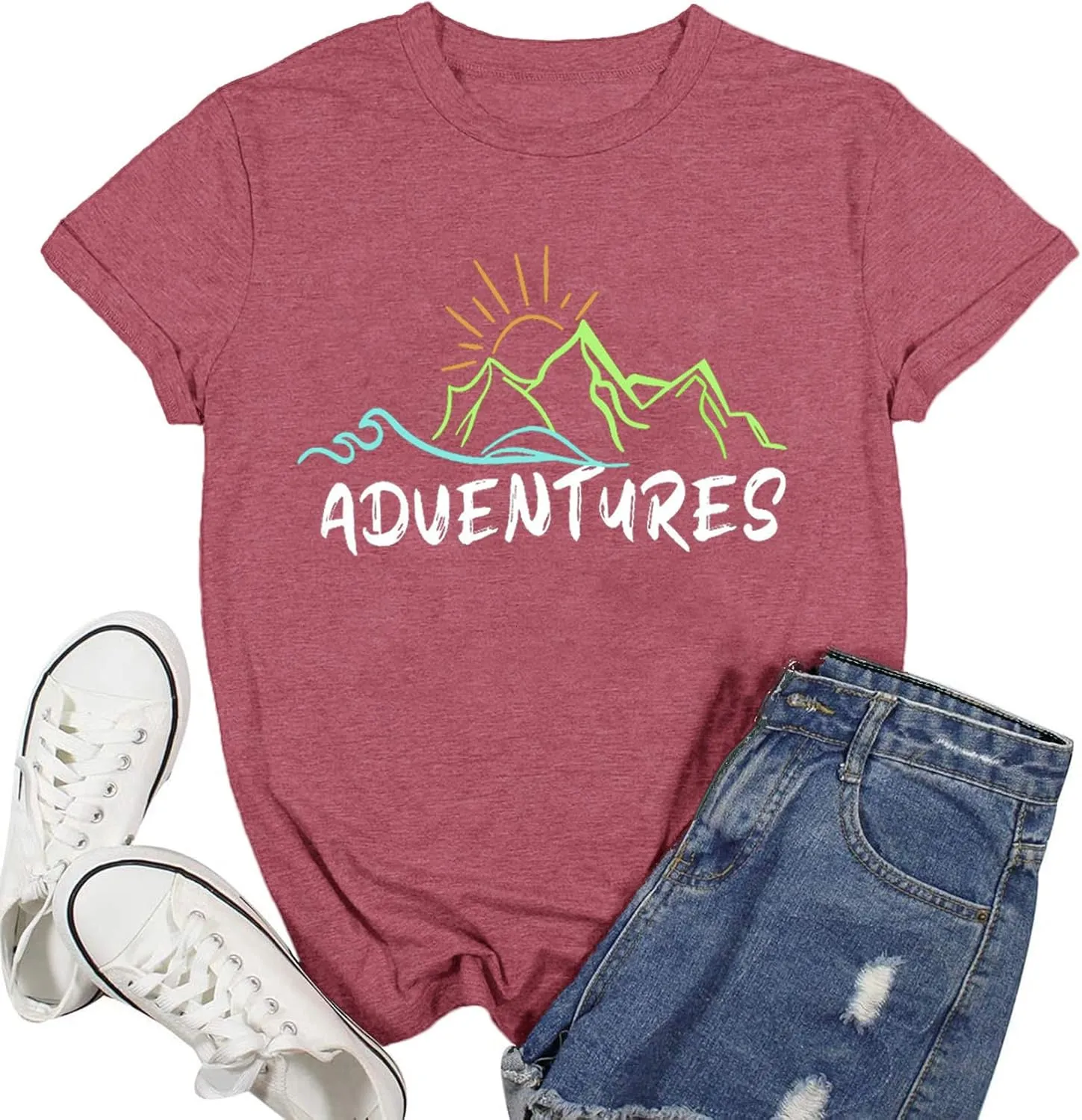 Womens Adventure Awaits Shirt Heart Summer Camper Graphic Tee Mountain Hike Nature Travel T Shirt Casual Workout Tops