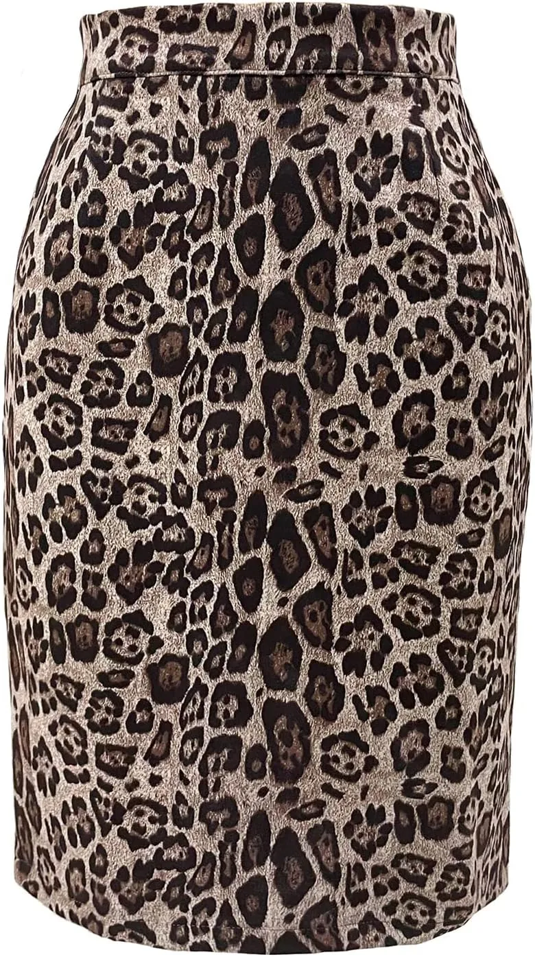 Women's Cheetah Print Skirt Faux Suede Casual High Waist Bodycon Back Slit Midi Pencil Skirts