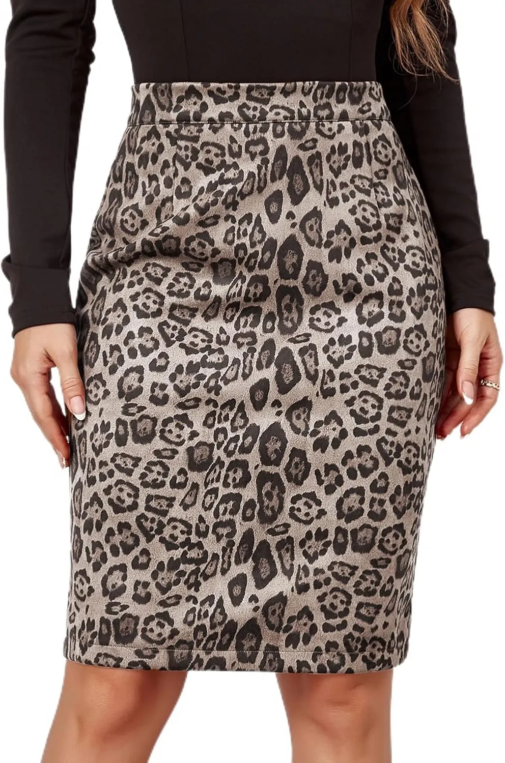 Women's Cheetah Print Skirt Faux Suede Casual High Waist Bodycon Back Slit Midi Pencil Skirts