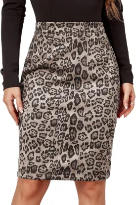 Women's Cheetah Print Skirt Faux Suede Casual High Waist Bodycon Back Slit Midi Pencil Skirts