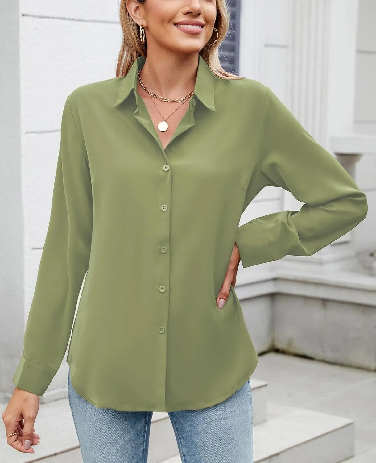 Womens Long Sleeve Button Down Shirt Ultra-Soft Stretch Wrinkle-Free Work Casual Business Office Blouse