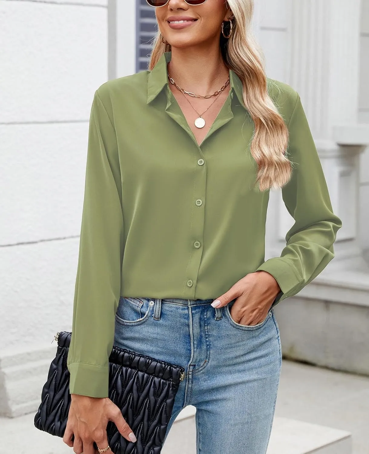 Womens Long Sleeve Button Down Shirt Ultra-Soft Stretch Wrinkle-Free Work Casual Business Office Blouse
