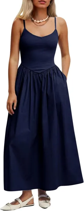 Womens Sleeveless V-Neck Maxi Dress with Pockets  Slim Fit Casual Summer Spaghetti Strap Dress for Vacation