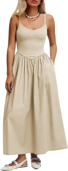 Womens Sleeveless V-Neck Maxi Dress with Pockets  Slim Fit Casual Summer Spaghetti Strap Dress for Vacation