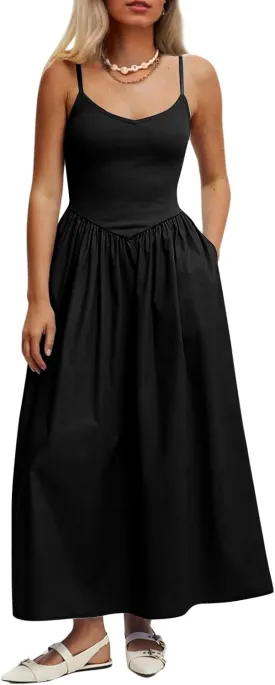 Womens Sleeveless V-Neck Maxi Dress with Pockets  Slim Fit Casual Summer Spaghetti Strap Dress for Vacation