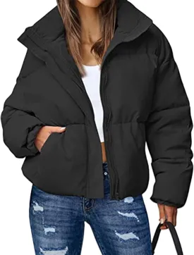 Yimoon Women's Cropped Puffer Jackets Casual Padded Jacket Long Sleeve Full Zip Stand Collar Winter Coat