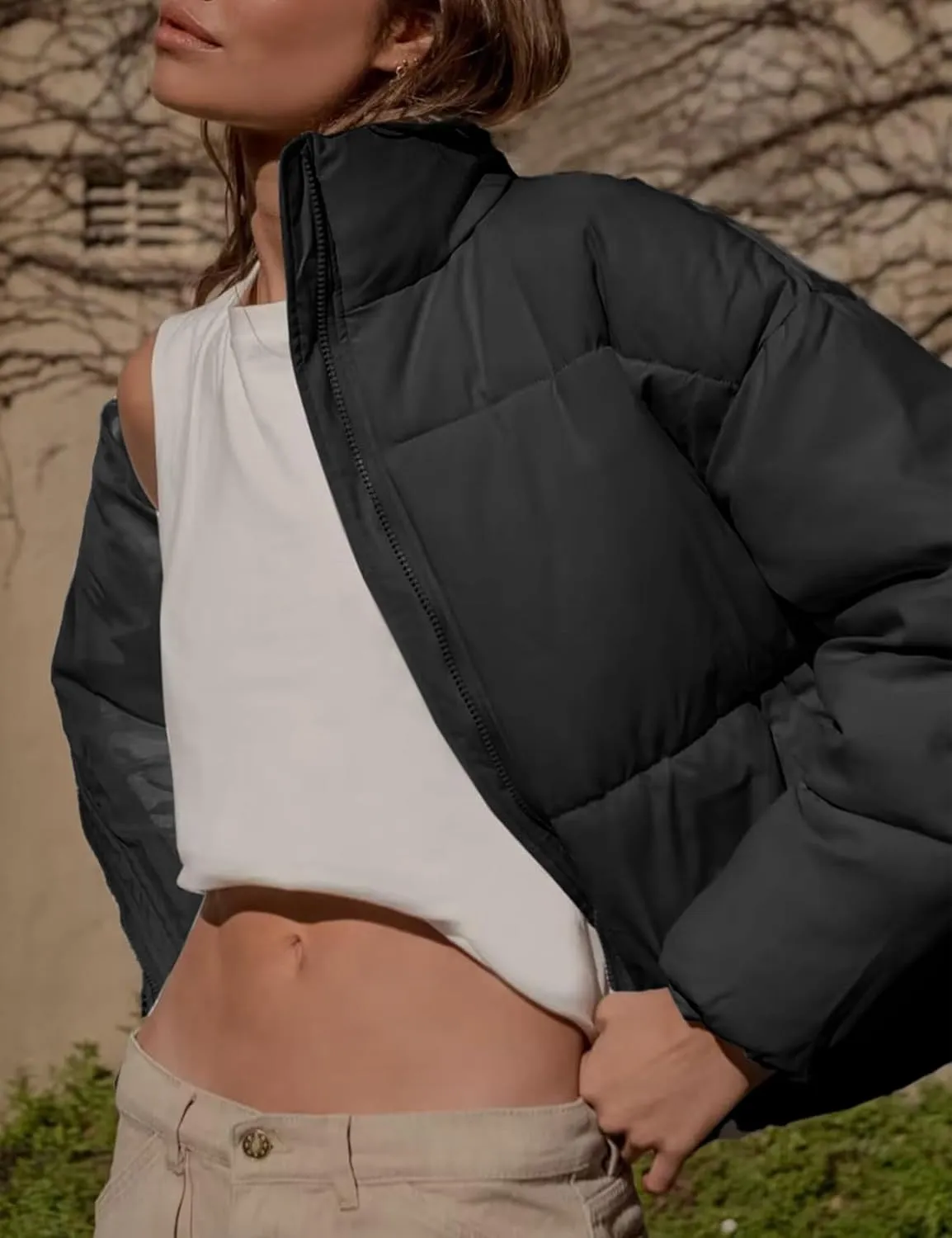 Yimoon Women's Cropped Puffer Jackets Casual Padded Jacket Long Sleeve Full Zip Stand Collar Winter Coat
